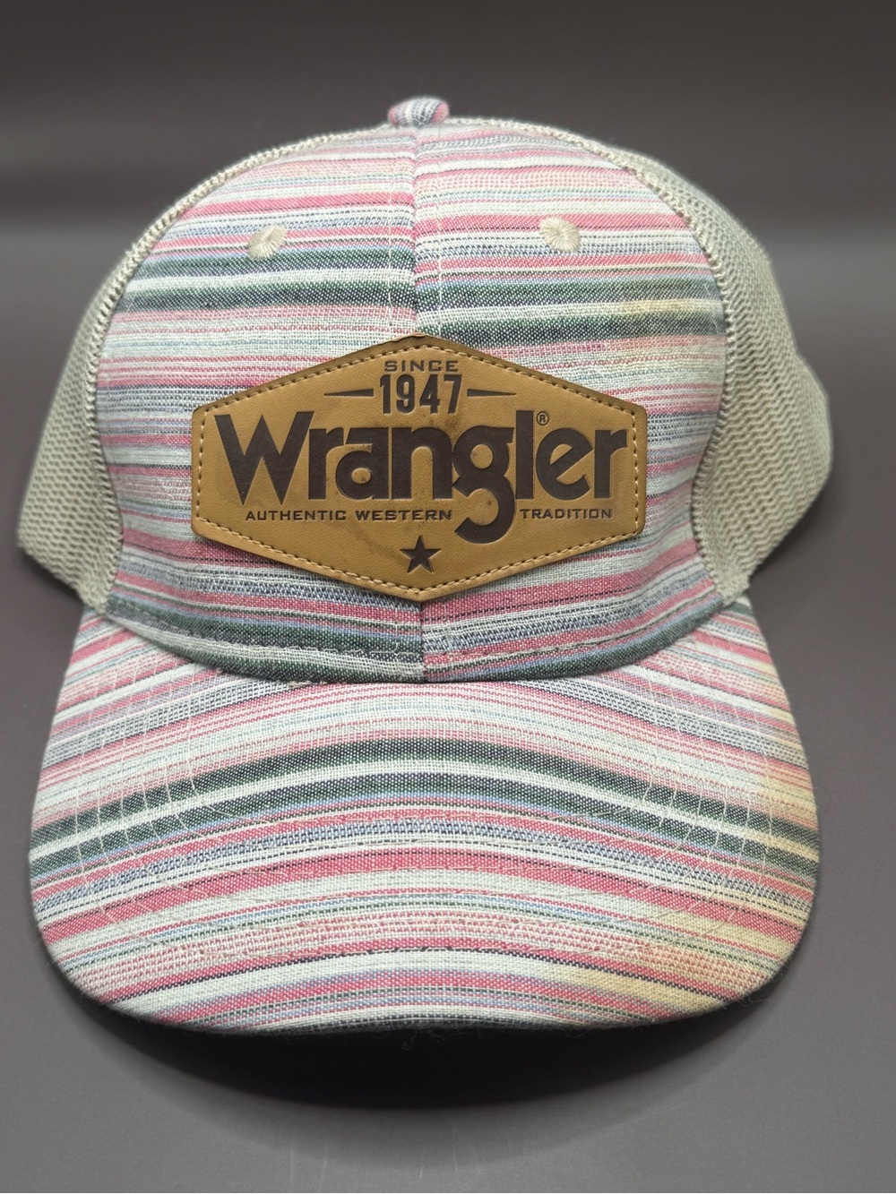Wrangler Pink, Gray & Cream Striped Trucker Hat with Leather Patch